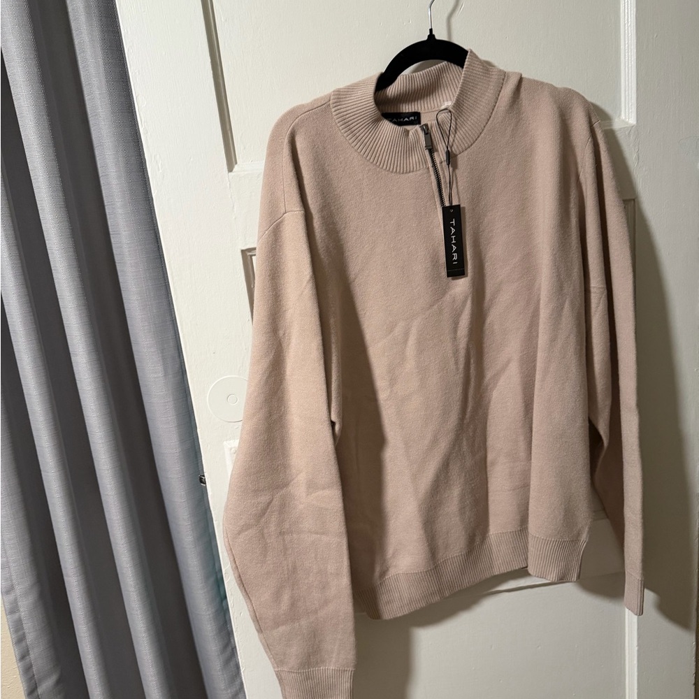 NWT Tahari Men’s 2XL Quarter-Zip Cream Almond Mock Sweater Business Career Golf